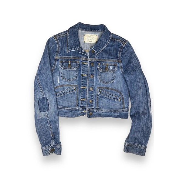 Old Navy Distressed Cropped Denim Jacket with back sequin Earth Jupiter Design - Picture 1 of 6